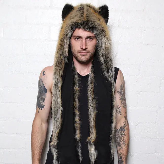 3-In-1 Animal-Ear Hood Hat – Faux Fur Wolf Cap With Matching Scarf And Gloves 1