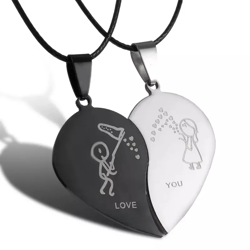 Broken Heart Couple Necklace – Black & Silver Stainless Steel Clavicle Chains For Romantic Duos 1