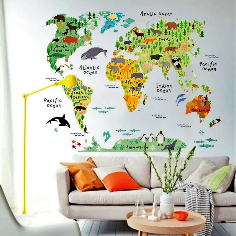 Colorful Animal World Map Wall Decal – Educational Pvc Sticker For Nurseries, Classrooms, Or Living Areas 1