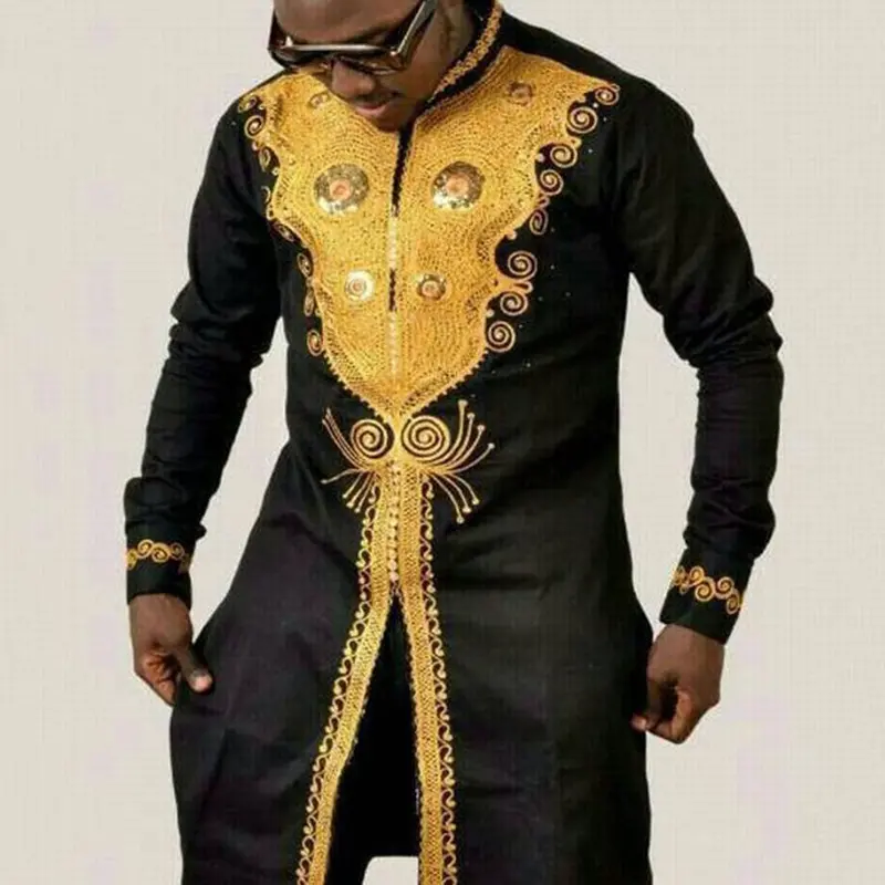 Contemporary African Long-Sleeve Shirt – Stand-Up Collar, Spring-Ready Print 1