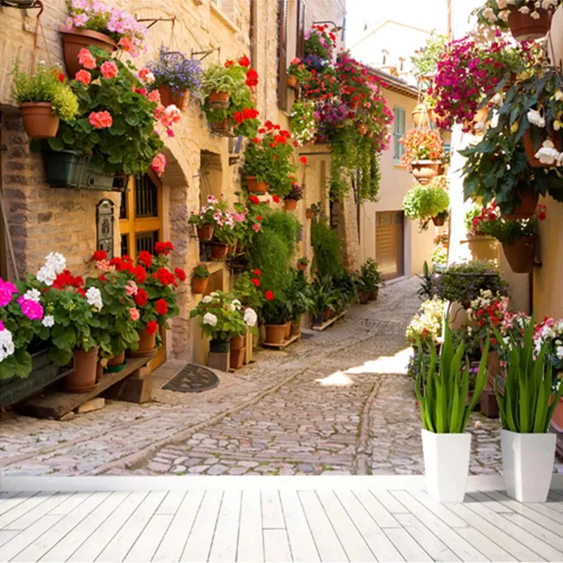 European Street Scene 3D Photo Wallpaper – Floral-Inspired Custom Mural For Living Room Or Sofa Wall 1