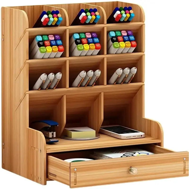 Handcrafted Wooden Desk Organizer – Multi-Compartment Desktop Storage Rack For Pens, Notepads & Supplies 1