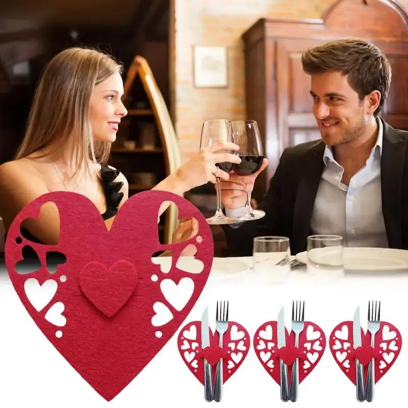 Heart-Shaped Valentine'S Cutlery Holders – Set Of 4 Elegant Tableware Covers For Dinner Parties & Weddings 1