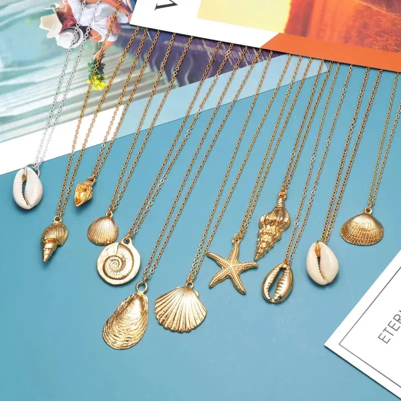 Hesiod Starfish & Shell Pendant Necklace – Antique Gold-Tone Beach-Ready Summer Chain 1