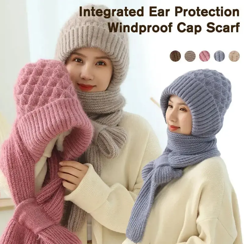 Integrated Windproof Winter Cap & Scarf – Thick Knit Hooded Design With Ear Protection 1