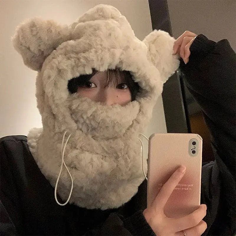 Kawaii Bear-Ear Winter Set – Plush Hooded Beanie With Integrated Windproof Scarf And Ear Warmers 2
