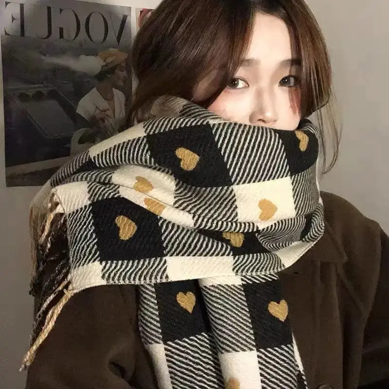 Korean-Inspired Heart-Shaped Cashmere Scarf – Thick Plaid Shawl With Long Tassels 1