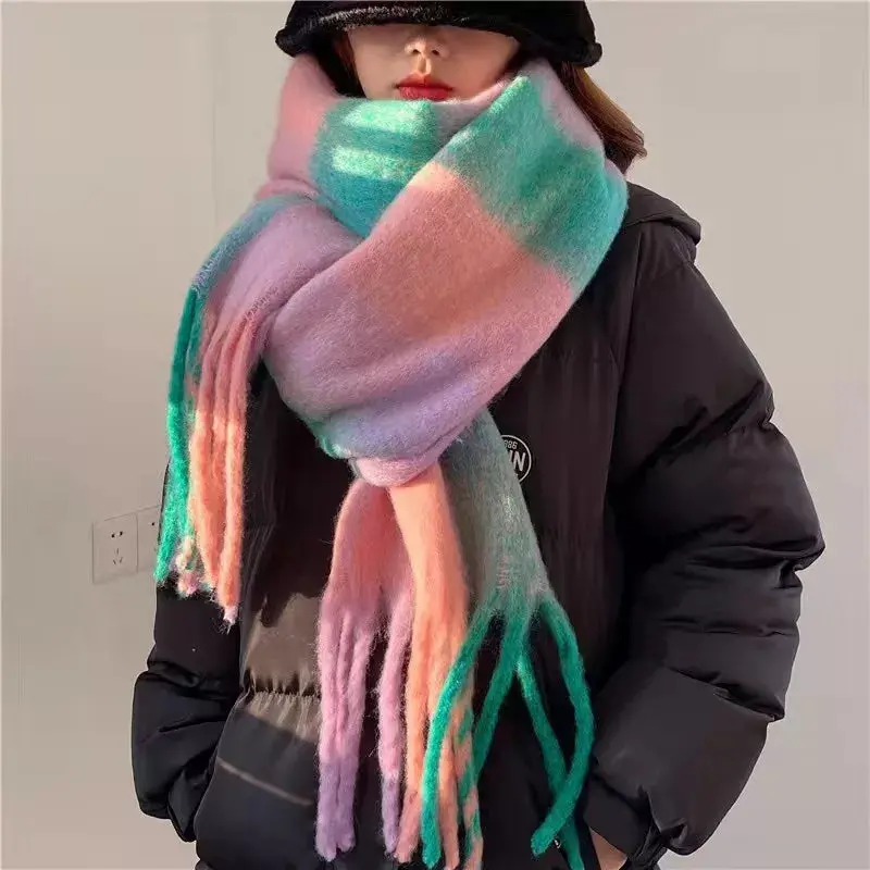 Mohair Cashmere Tassel Shawl – Rainbow-Plaid Vintage Neckband Or Wrap For Cold-Weather Sophistication 1
