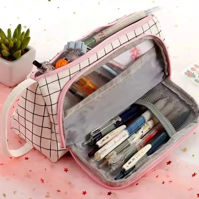 Multi-Compartment Plaid Pencil Case – Roomy Travel-Friendly Pen & Cosmetic Storage Bag With Organized Compartments 1