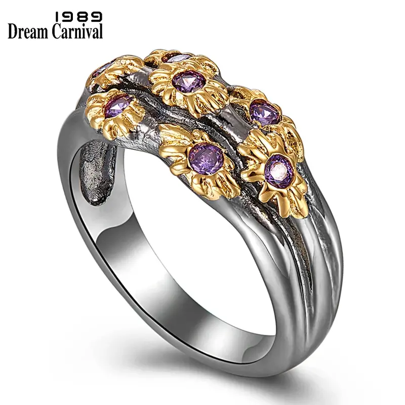 Neo-Gothic Floral Ring – Gold-Tone Vintage Wedding Band With Purple Zircon Accents For Women 1