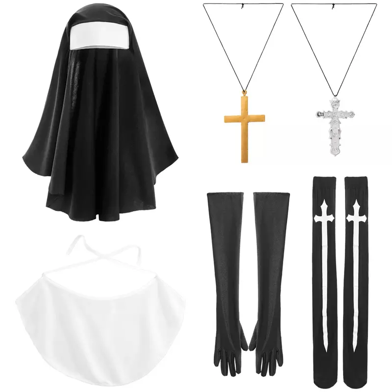 Nun Costume Ensemble – Silk Headdress, Cross Necklace, Tube Stockings, And Gloves For Halloween Or Religious Cosplay 4
