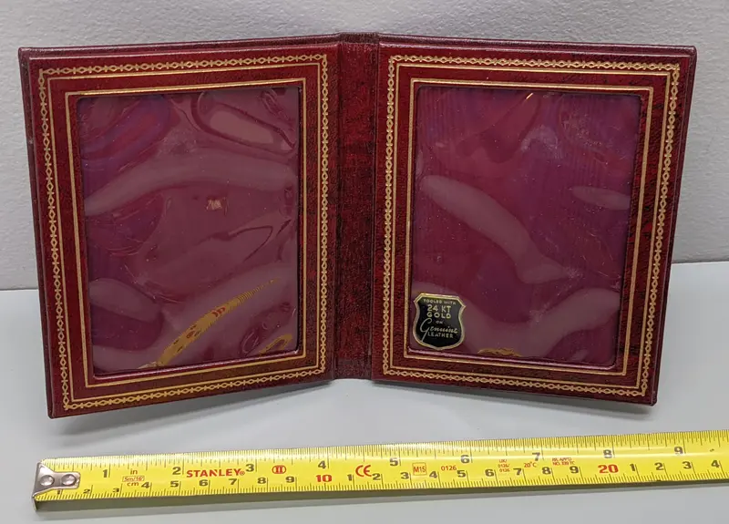 Oxblood Leather Twin Photo Travel Frame – 24K Gold-Tooled Design 1