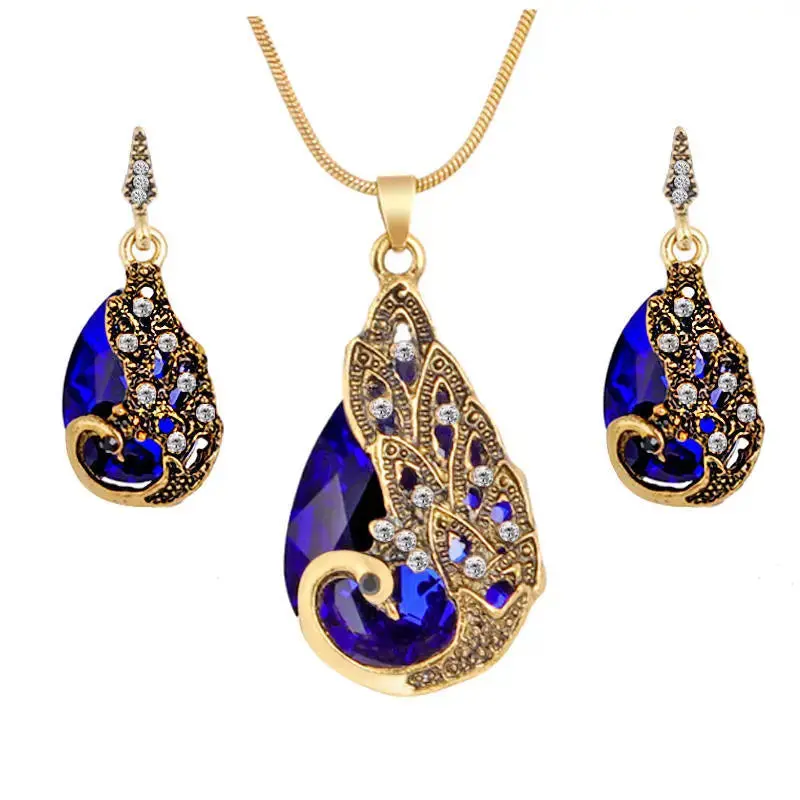 Peacock Waterdrop Jewelry Set – Vintage Crystal Necklace & Earrings For Weddings & Special Occasions 1