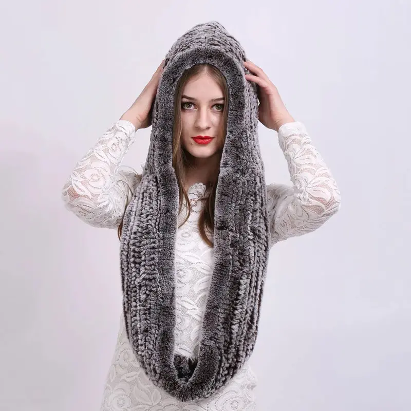 Real Rex Rabbit Fur Hooded Scarf Hat – Natural Luxe Winter Accessory For Women 1