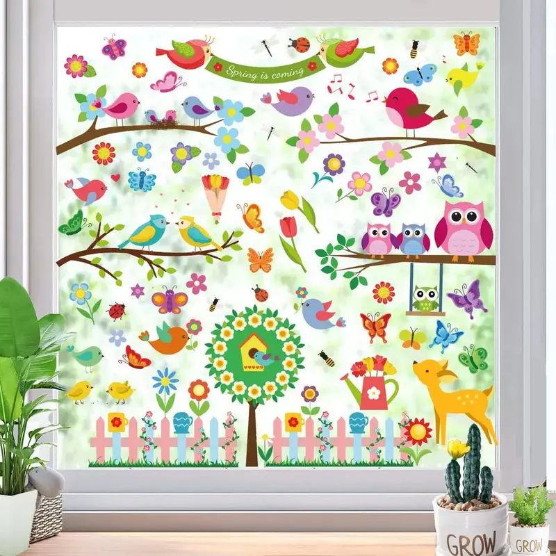 Spring-Themed Window Clings Set – 107-Piece Bird, Flower & Butterfly Decals For Kids’ Rooms 1