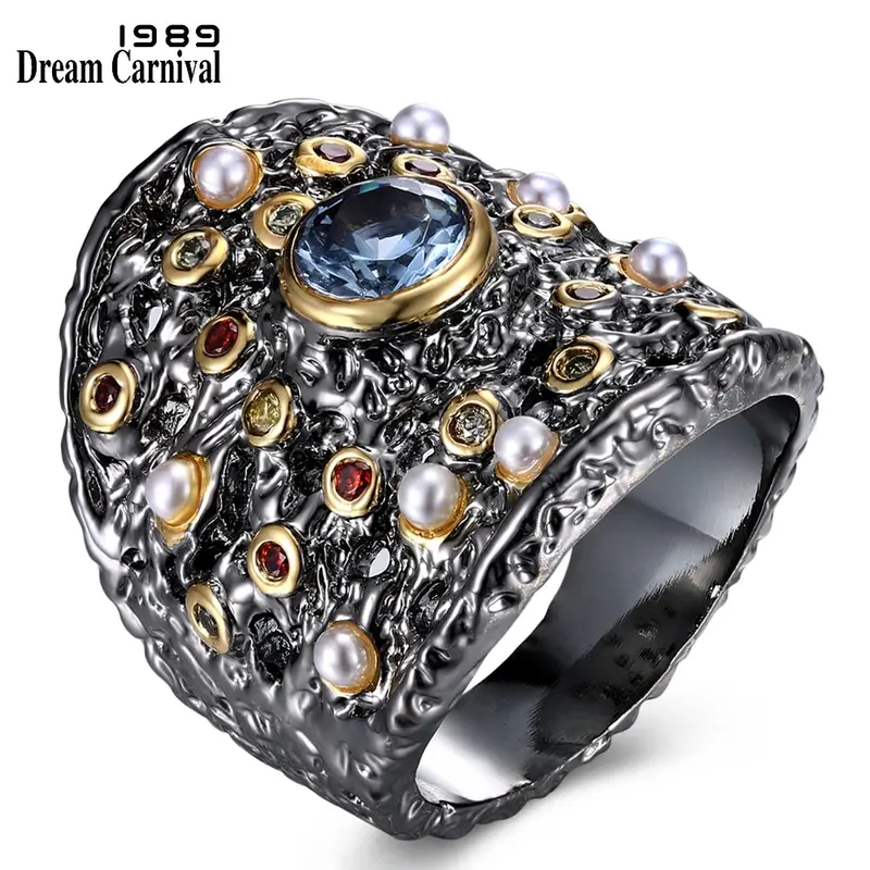 Statement Blue Zircon Ring – Baroque-Inspired Women’S Cocktail Ring With Pearl Beading 1