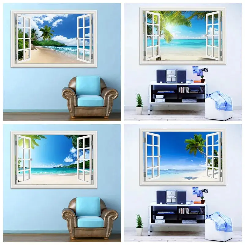 Tropical Beach 3D Wall Sticker – Removable Blue Sky & Coconut Tree Scenery For Windows Or Walls 1